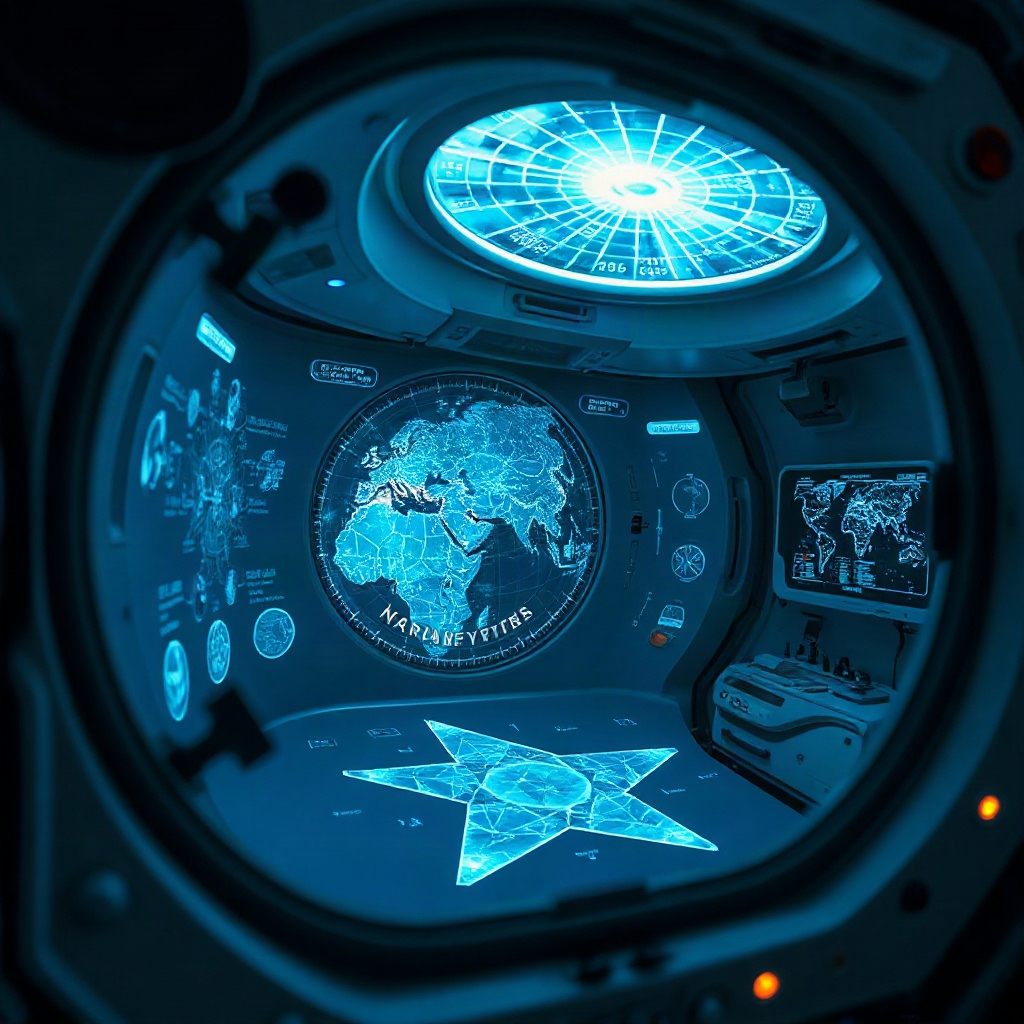 Space capsule interior with holographic star map projection
